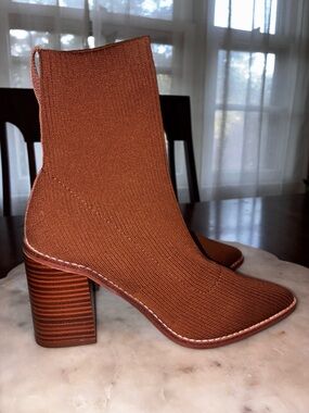 New Steven Women's Brown Stretch Knit Block Heel Ankle Boots, 7.5